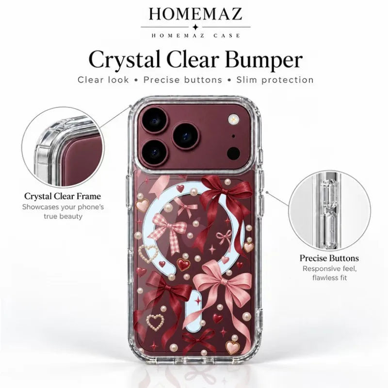 Romantic Bow Heart Clear Case for iPhone, Pearl Ribbon Graphic Shockproof Cover with Raised Camera Edge, Slim Transparent Protective Phone Case