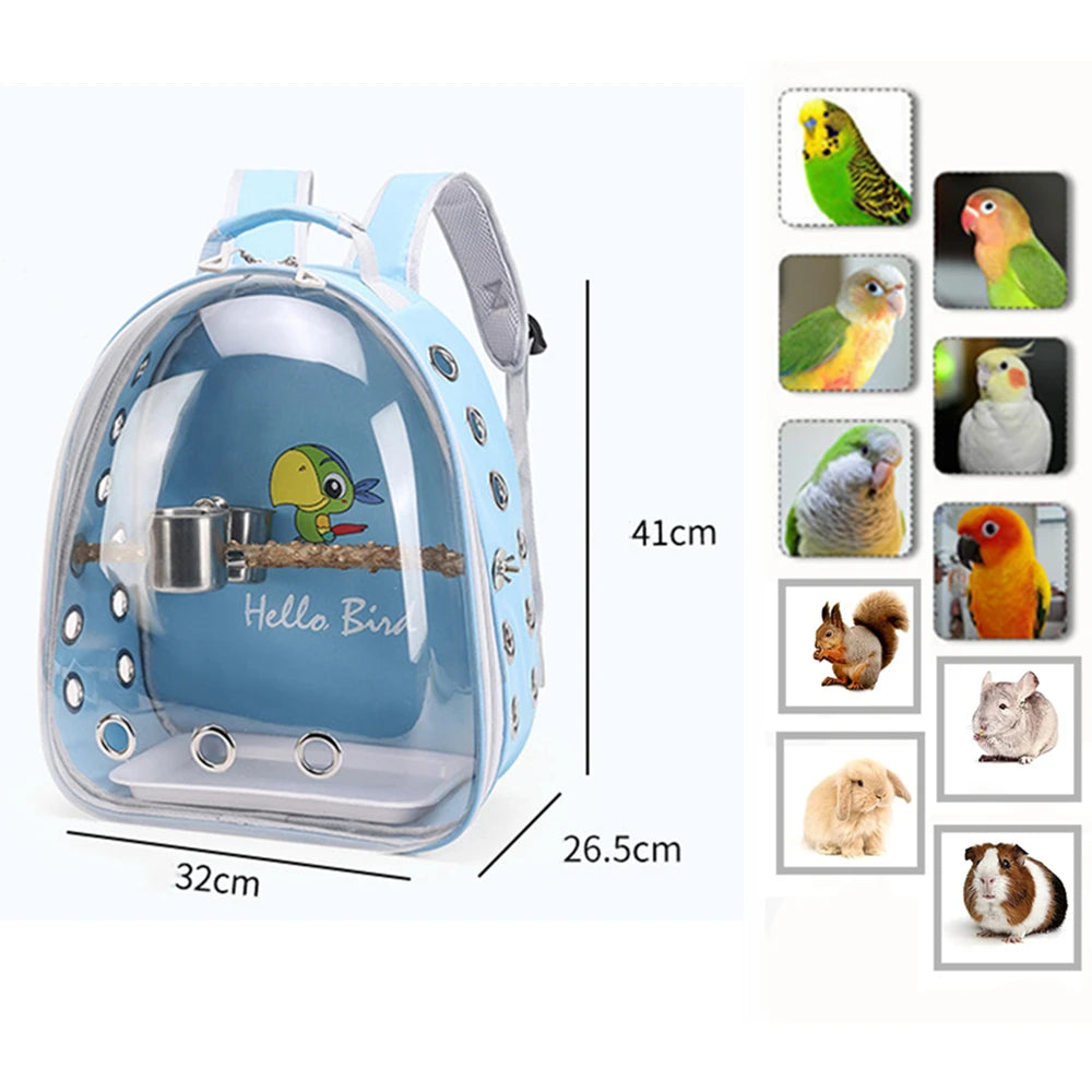 Portable Bird Cage with Prech Feeder and Tray, Acrylic Pet Backpack Bag, Parakeet, Cockatiel, Parrot, Bunny, Travel