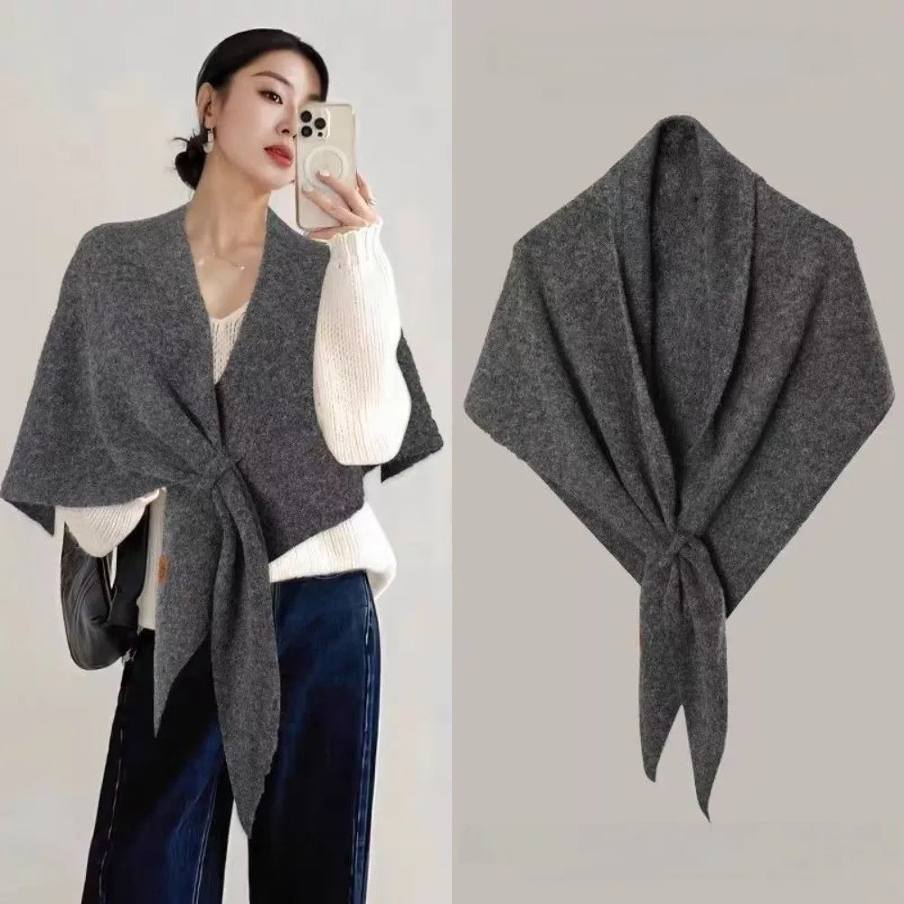 Casual Solid Color Knitted Shawl Thickened Soft Triangle Scarf Winter Warm Neck Wrap Wool Blended Shawl