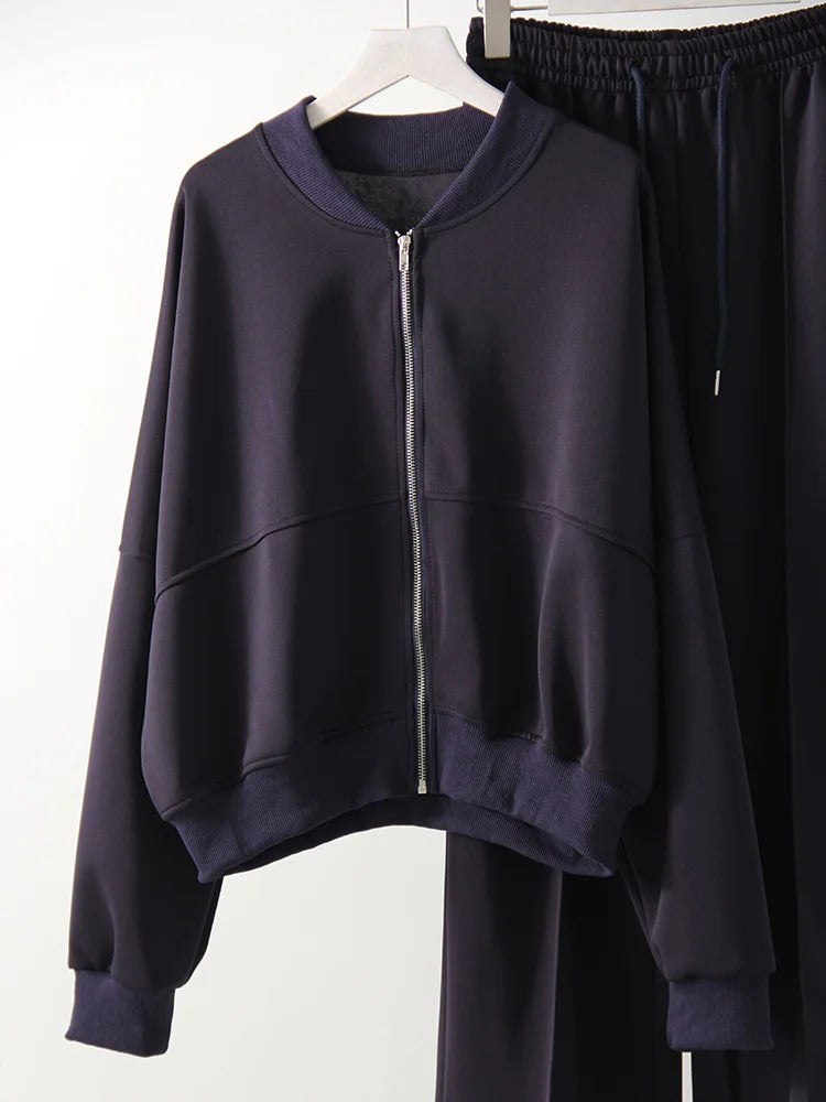 Gray Straight Pants Two Pieces Sets Women Outfit Long Sweatpants Street Wear Zipper Jacket Track Suits Sweatshirt Sets For Women
