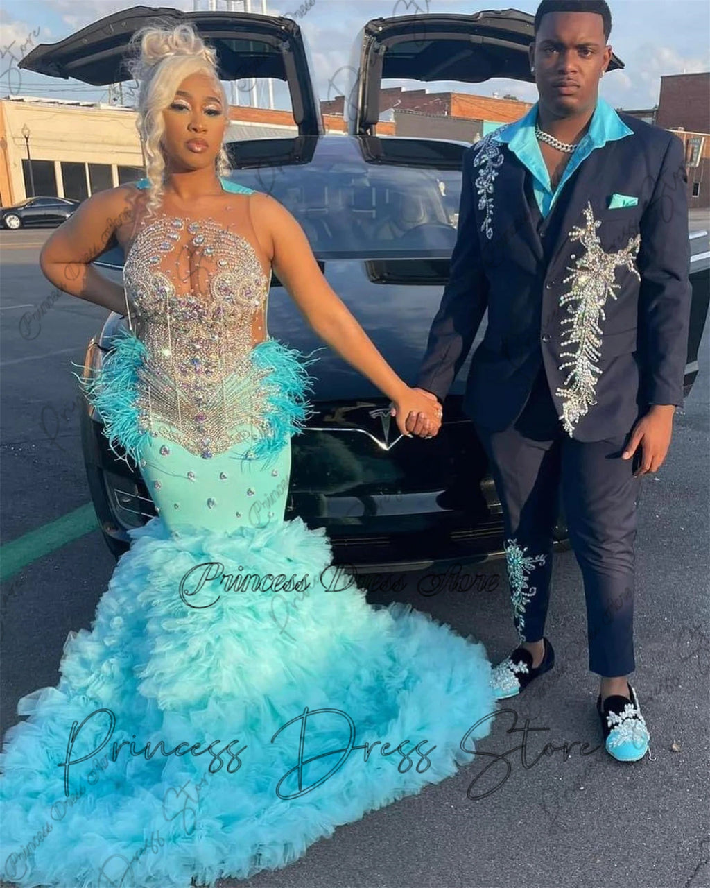 Designer Luxurious Beaded Crystal Tulle Ruched Train Prom Dresses For Black Girls  Ladies Dress Special Wedding Customized