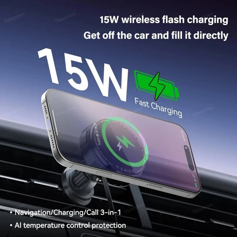 N52 Magnetic Car Wireless Charger Retractable USB C Cable Phone Cooling Holder For Magsafe iPhone 16 15 14 Pro Max Fast Charging