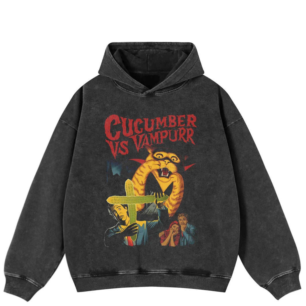 2025 Hip Hop Oversize Hoodie Sweatshirt Men Streetwear Retro Movie Vampurr Cat Graphic Harajuku Washed Black Hooded Pullover