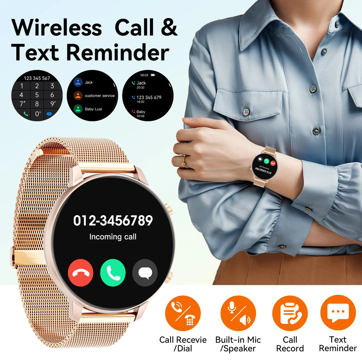 Women Rose Gold Smart Watch 1.39" Round Screen Bluetooth