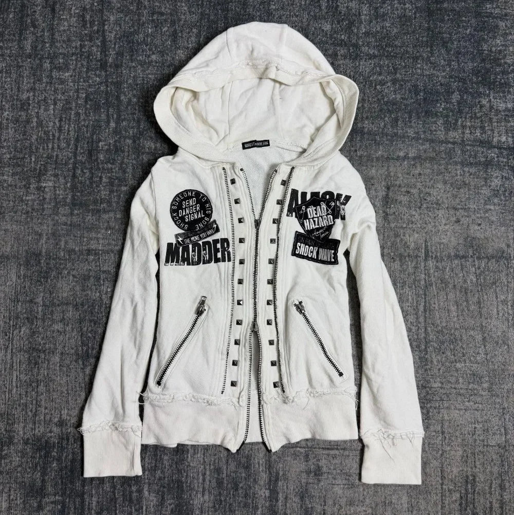 White Womens Autumn Winter Jacket Y2K Gothic Emo Slim Fit Sweatshirt Rivet Zipper Hoodie Harajuku Vintage Skull Graphic Print
