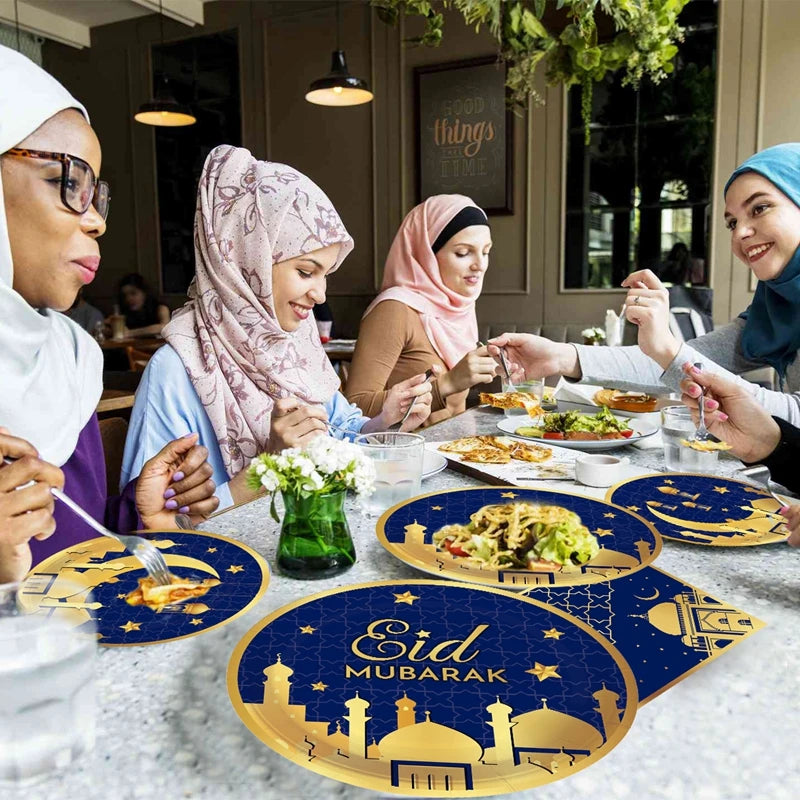 Blue Gold Eid Mubarak Ramadan Moon Festival Muslim Party Disposable Tableware Cups Plates Napkins Baby Shower Party Decorations