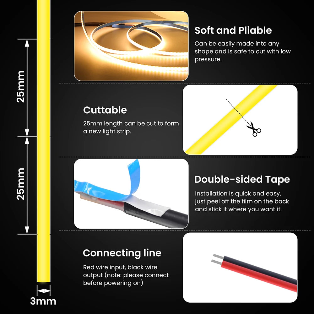 3mm 5mm 8mm PCB COB LED Strip Light 5V