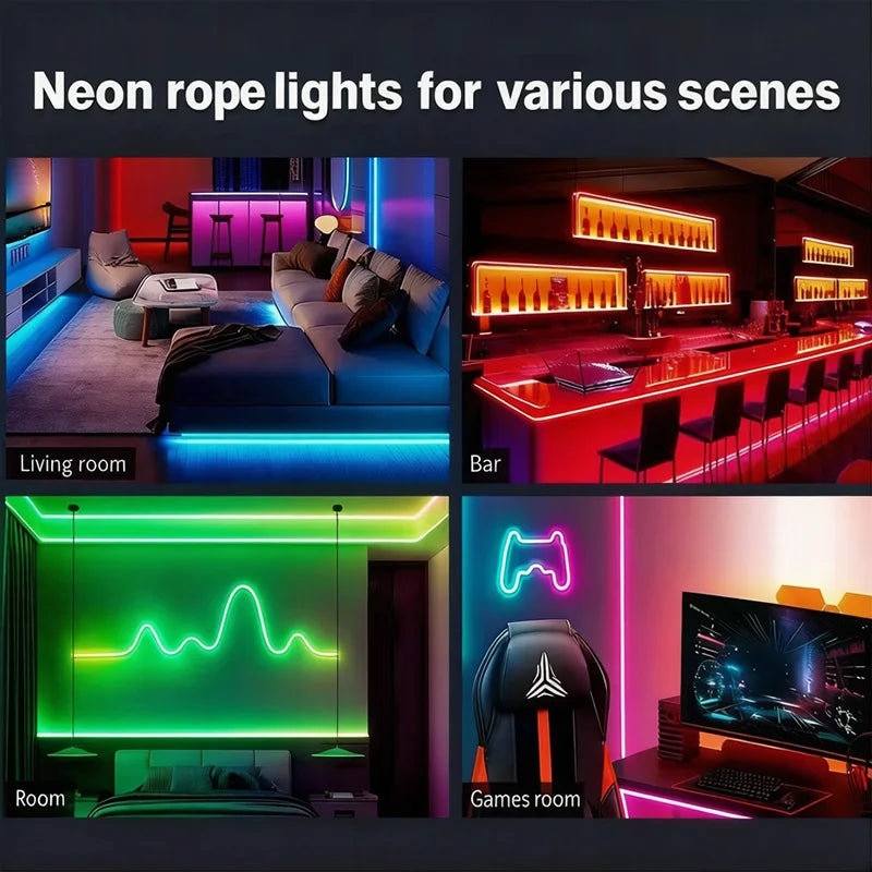 RGB LED Neon Rope Lights APP Control Music Sync IP65 Waterproof Flexible Multi Modes Remote for Indoor Outdoor Bedroom Living Room Gaming Room Party Decoration