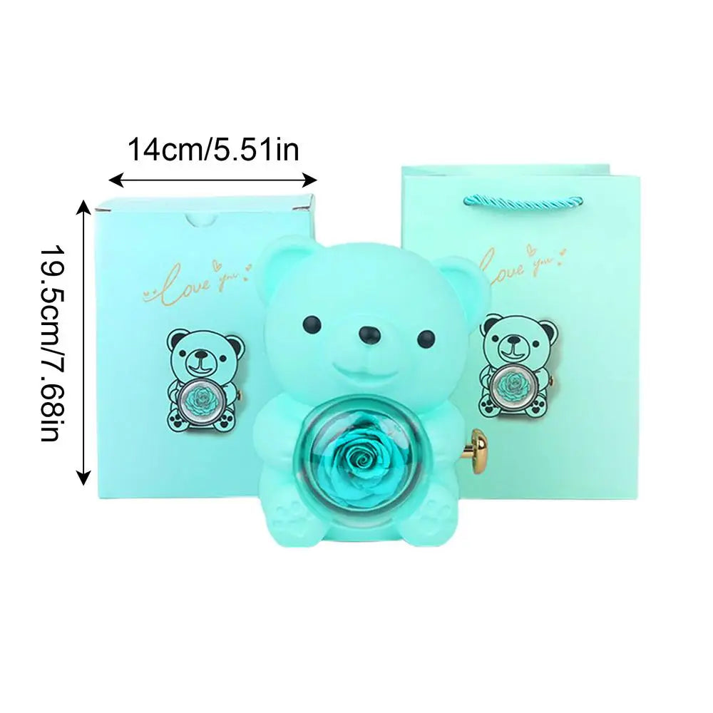 Bear Necklace Case Romantic Bear and Rose Jewelry Box Hug Bear Decoration Necklace Box Rose and Rotating Bear Case with Double