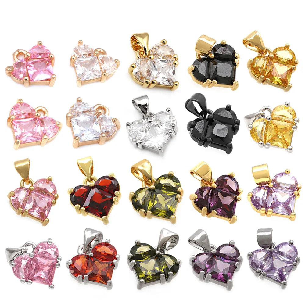 18K Gold Color Brass and Zircon Heart Charms Pendants