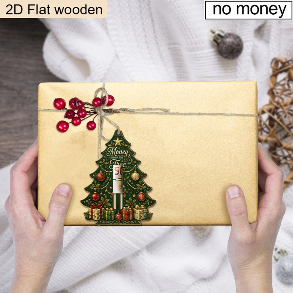 Christmas Tree Wooden Money Holder Ornament 2D Flat Wood Cash Clip Hanging Decor Merry Christmas Tree Shape Money Holder Gift