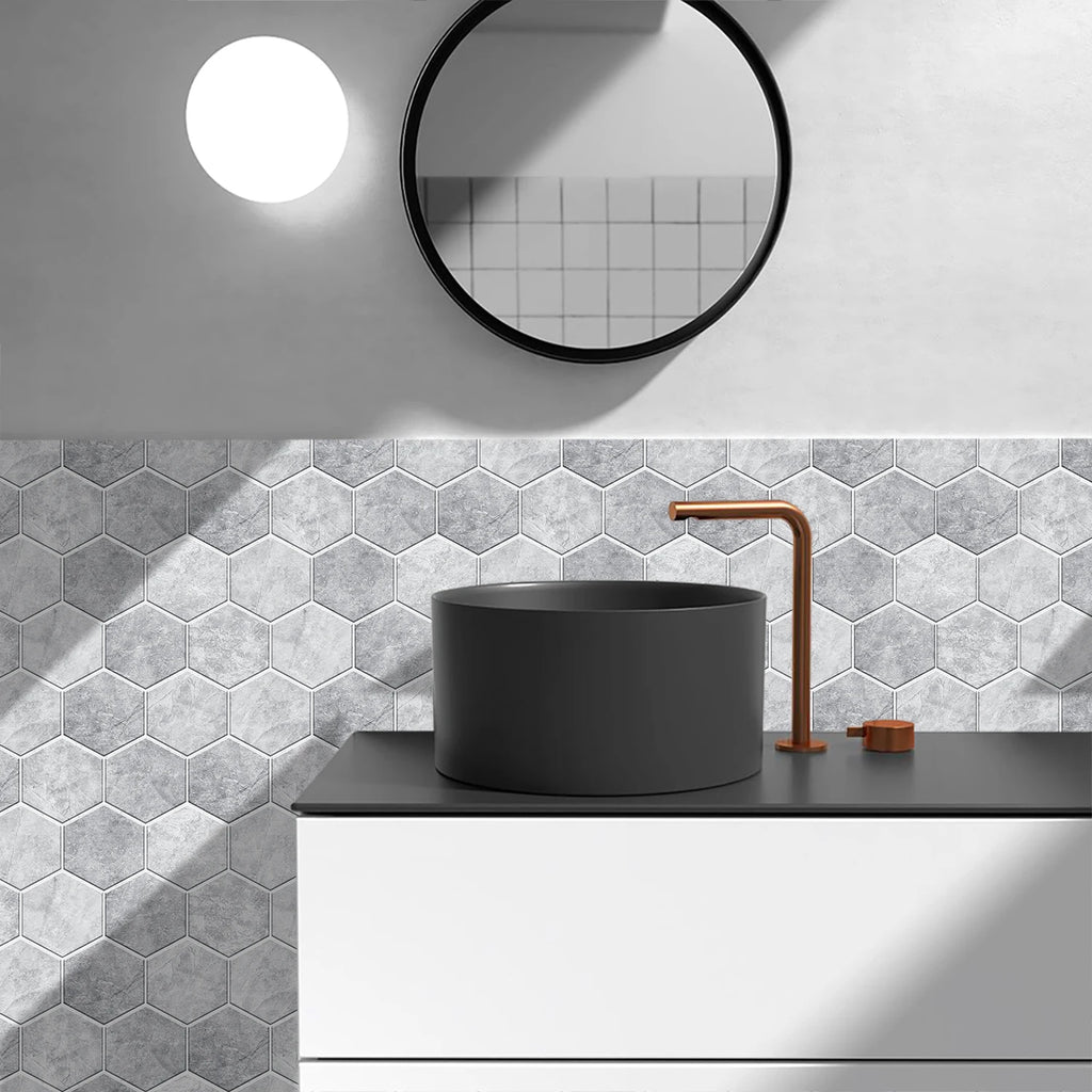 5 Styles Flat Hexagon Marble Embossing Tile Wall Stickers Oil-Proof Kitchen & Bathroom Washbasin Glossy Surface Decorative Mural