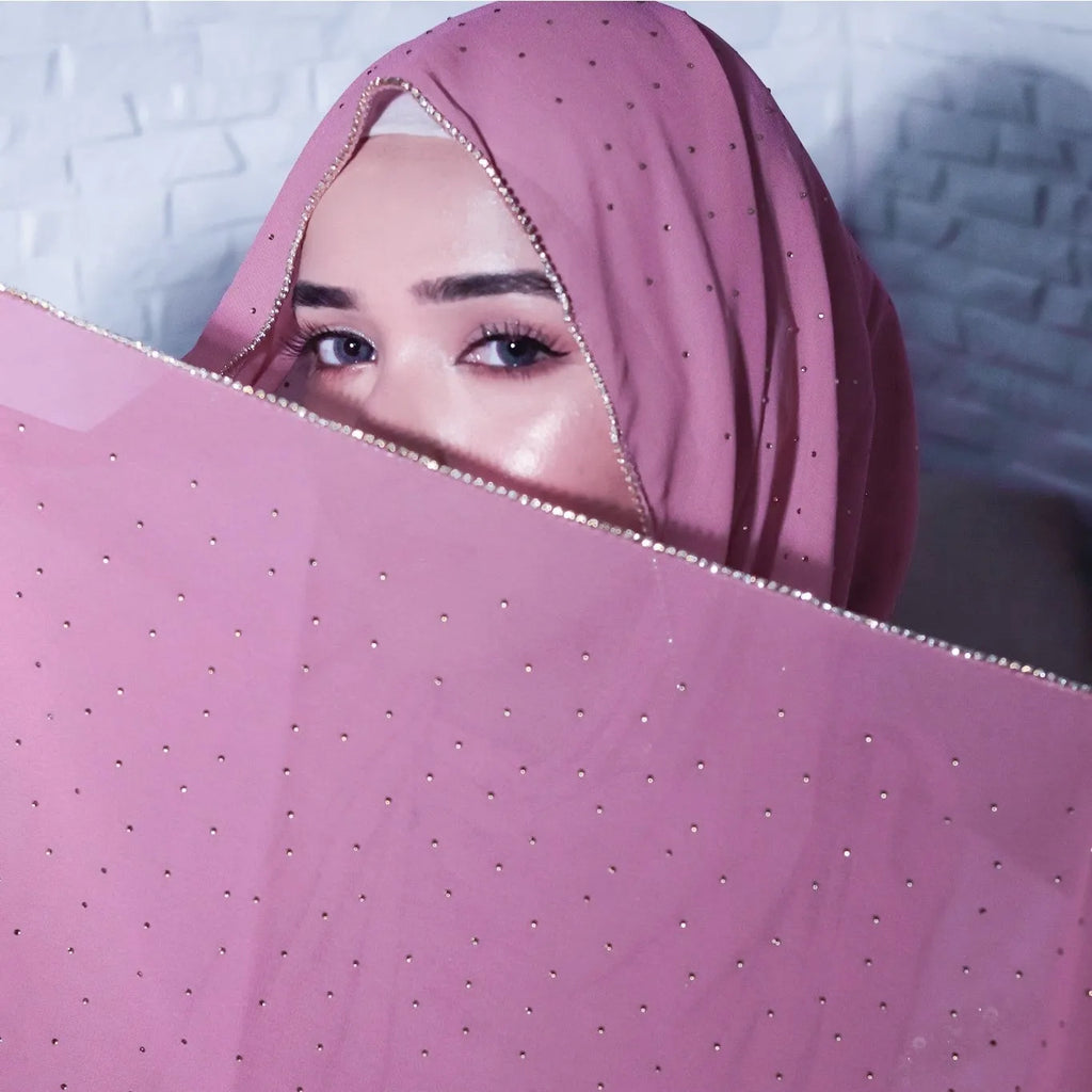 India Popular Hijab Rhinestone Chain Design Chiffon Soft Scarves Shiny Stone Wraps Elegant Foulard Muslim Women Party Scarf
