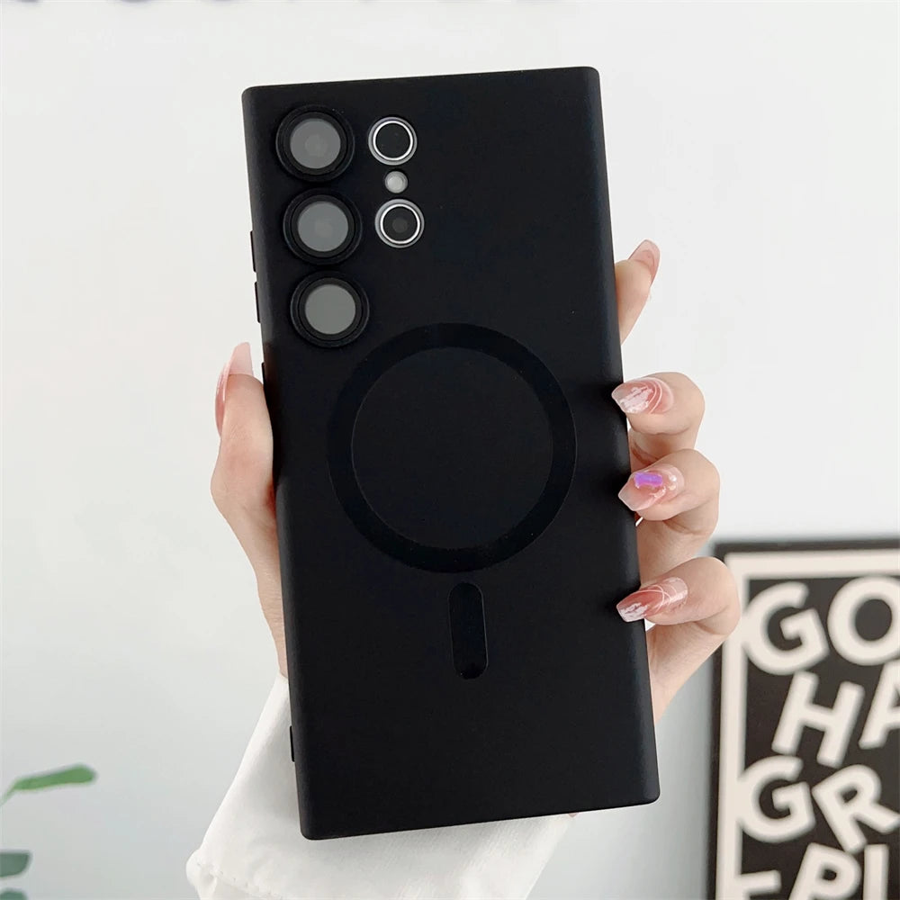 Metal Matte For Magsafe Magnetic Wireless Charger Case for Samsung S25 S24 S23 Ultra S22 Plus S21 Shockproof Soft Silicone Cover