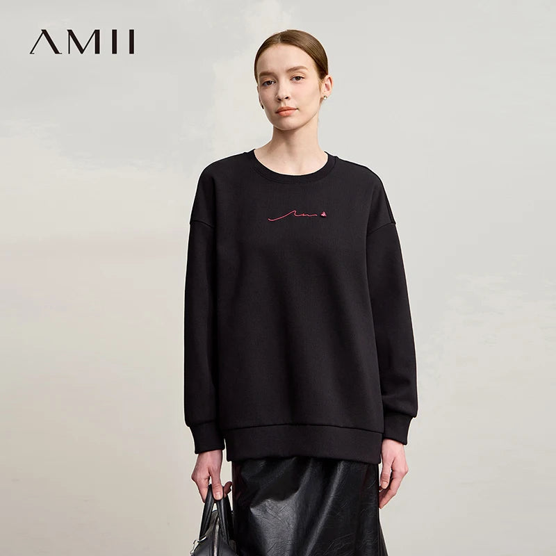 Amii Woman Sweatshirts 2025 Winter New Loose Warm Long Sleeve Female Sweatshirt Embroidery Pullover O-Neck Top Female 12524025