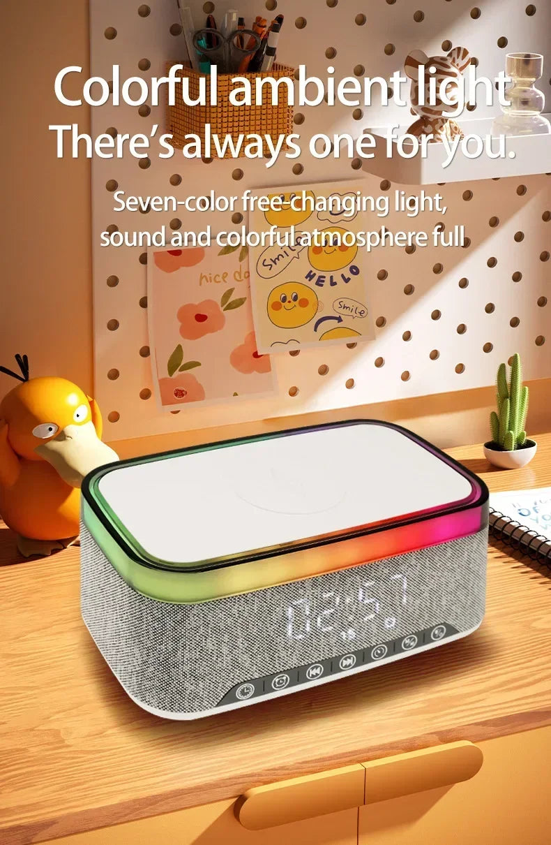 New Smart 6-in-1 Bluetooth Speaker 60W Wireless Charger Bedhead Night Light Alarm Clock LED Clock with FM Radio Music Cente
