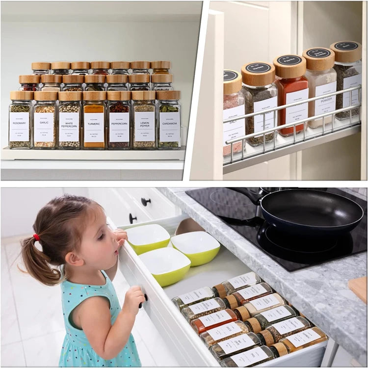 12Pcs Glass Spice Jars with Labels Kitchen Accessories 4oz Square Seasoning Containers Kitchen Salt Herbs Sugar Bottles JT510