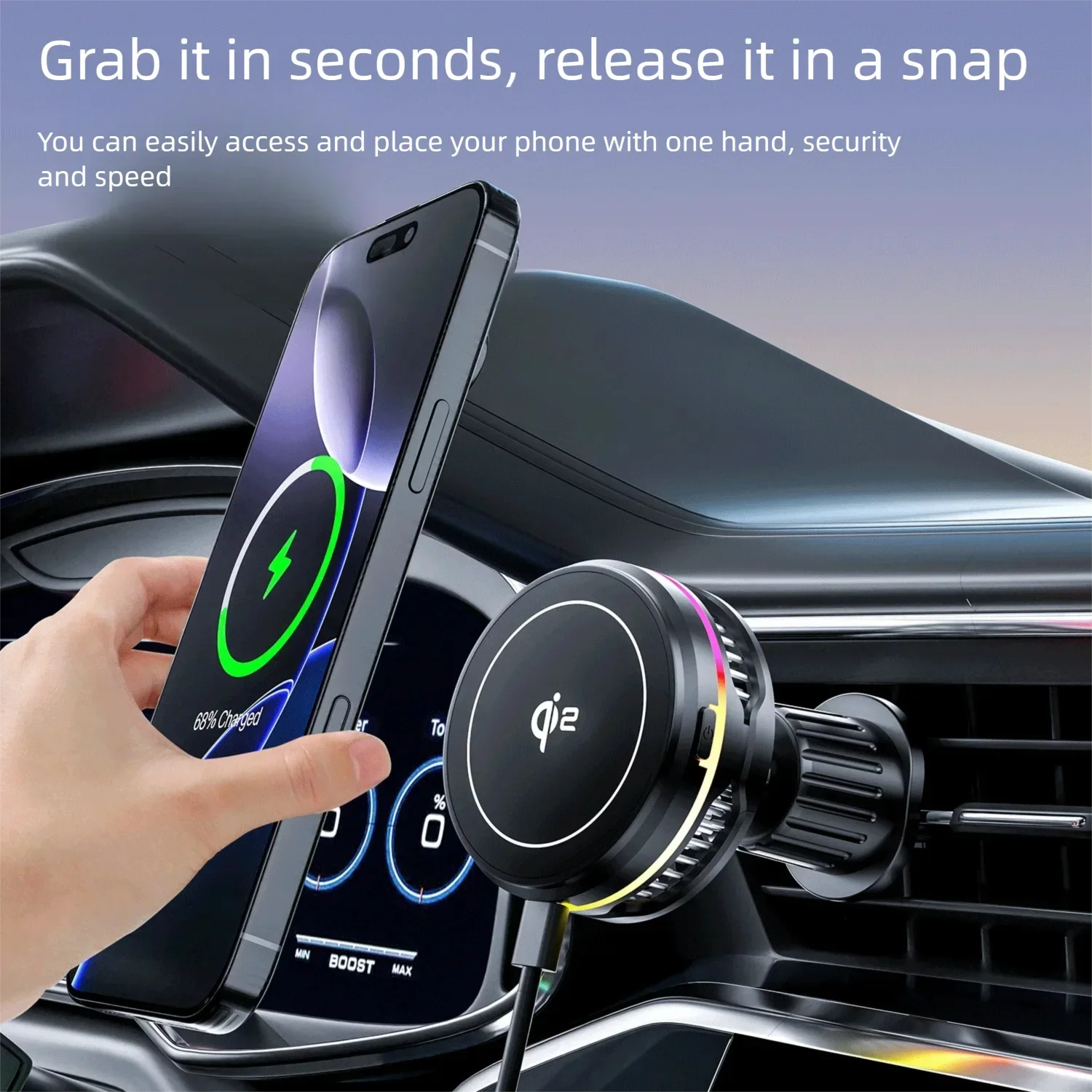 QI2 TEC Cooling RGB Magnetic Car Wireless Charger Fast Charging Radiator Air Vent Clip Holder For Magsafe iPhone 17 16 Pro Max