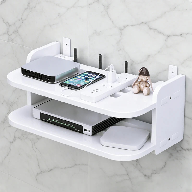 2 Tier Wall Mount Shelf No Drill Router TV Box Power Strips Floating Organizer Home Hanging Storage Cable Management with Hooks