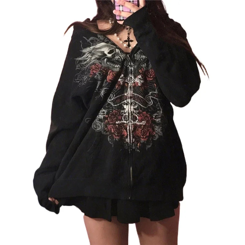 Mens Black Zip Hoodie Skull Print Dark Style Cotton Streetwear Jacket Casual Long Sleeve Pullover Hooded Sweatshirt Graphic
