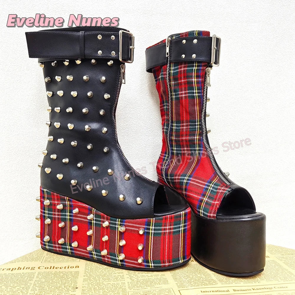 Vintage Polka Dot Platform Summer Boots Peep Toe Multi Buckle Mini