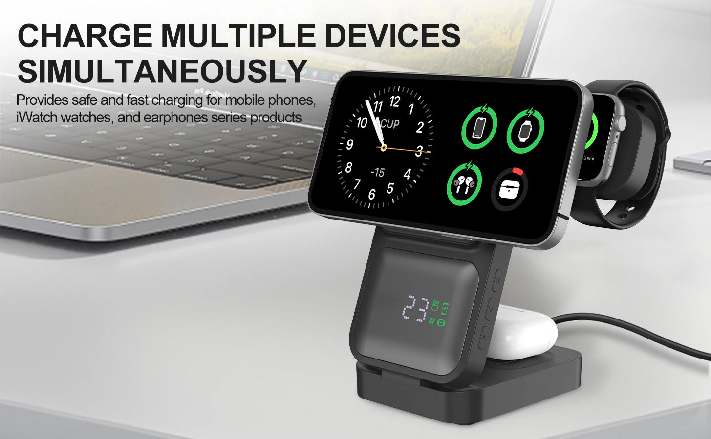 3in1 Foldable Wireless Charger Qi2 Multifunctional Stand Clock Wireless Charger Adapter Type-c Station For iPhone 16 15 Pro Max
