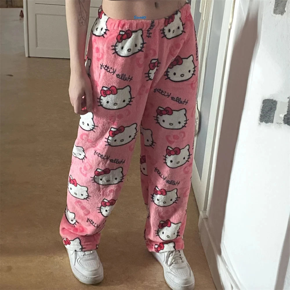 Y2K Hello Kitty pajamas anime women's pajamas Cartoon Fashion Home Sleepwear Trousers Leisure Home Clothing Winter Trouser