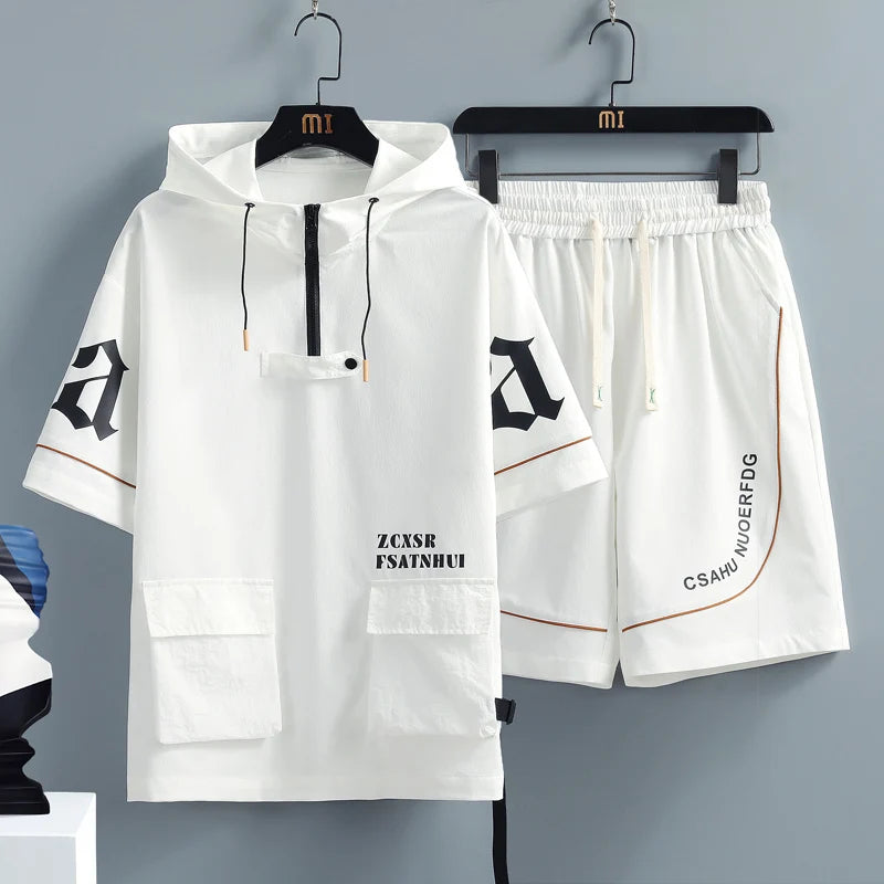 2 Pcs/Set Men Tracksuit Short Sleeve Hoodies+Pants Hooded Elastic Waist Summer Hip Hop Sweatshirt Sweatpants Loose Set