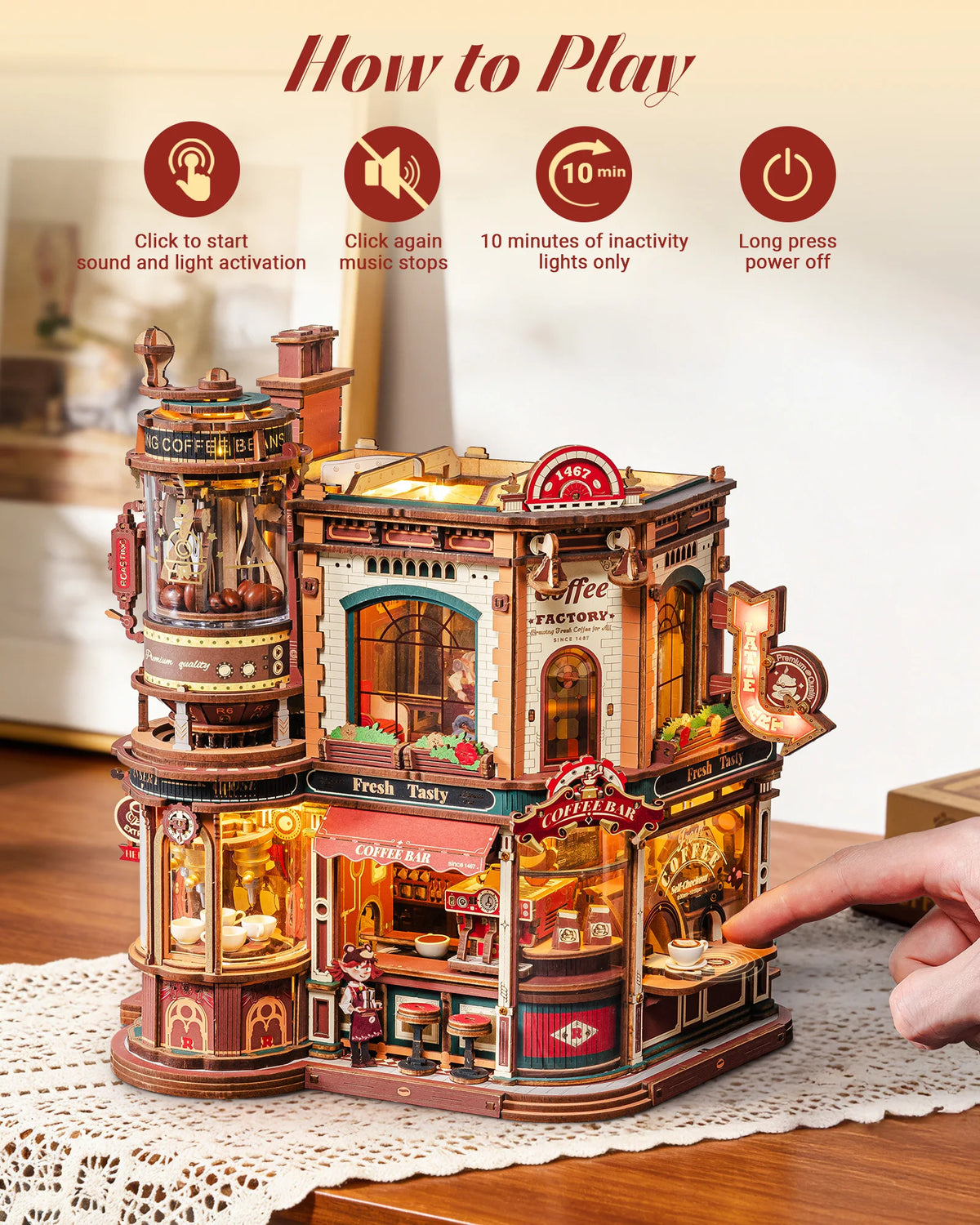 ROKR Wooden 3D Puzzle Dream Coffee Factory Music Box