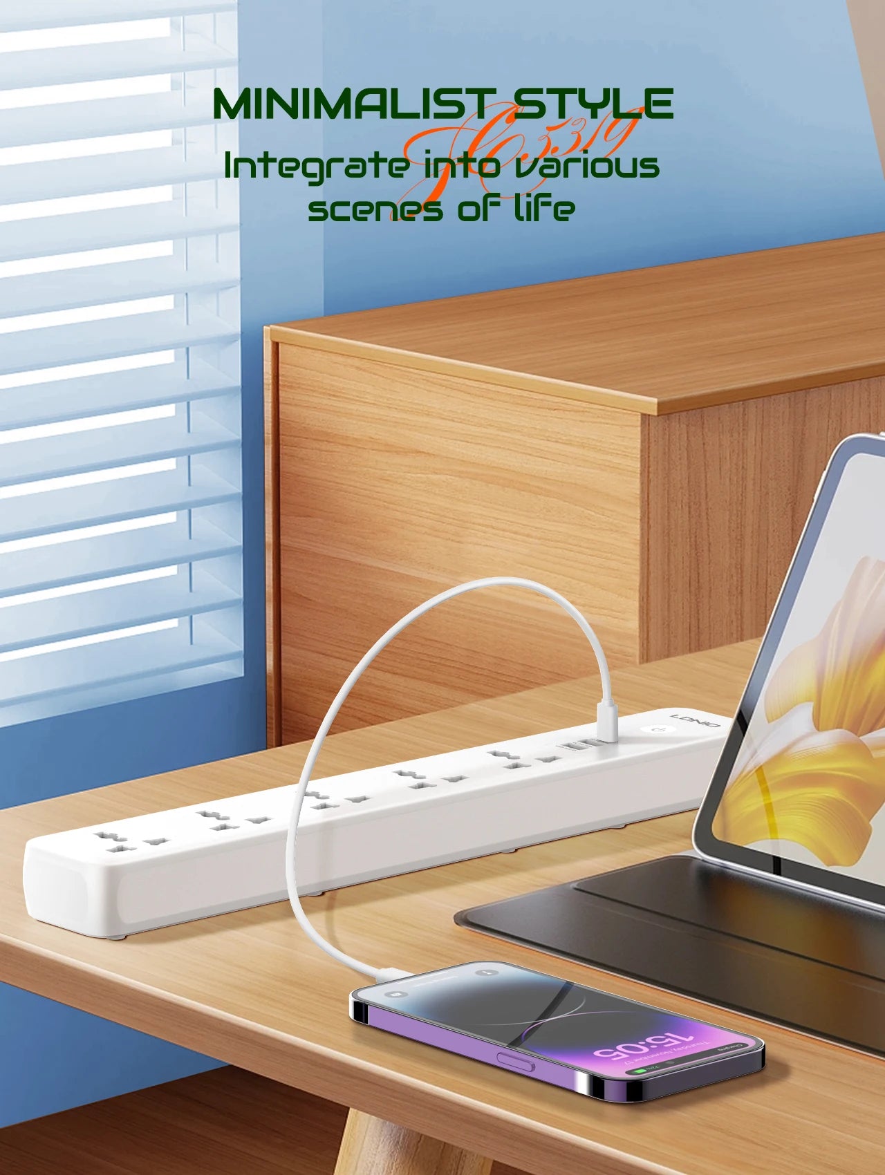 LDNIO 2500W Power Strip with 5 AC Outlets & 3 USB Charging Ports 2M Extension Cable Kitchen Household  EU UK US Plug