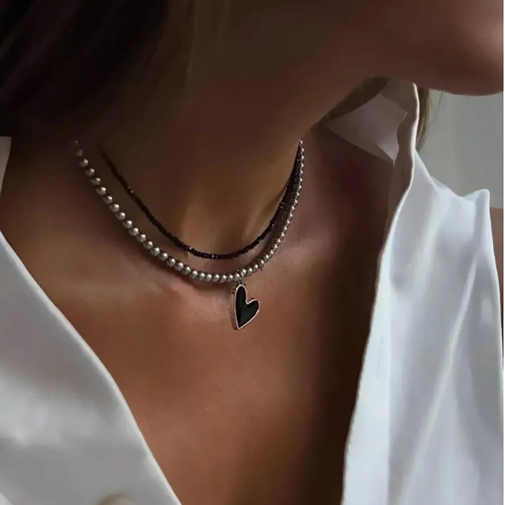 /set Y2K Bead Heart-Shaped Choker Necklaces Chain Jewellery Women
