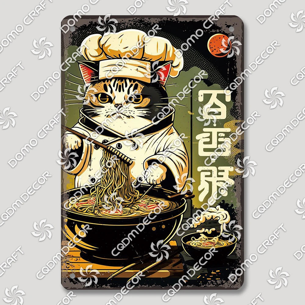 Cartoon Cat Japanese Food Plaque Tin Sign Retro Ramen Sushi Takoyaki Poster Metal Plates Bar Pub Restaurant Kitchen Wall Decor