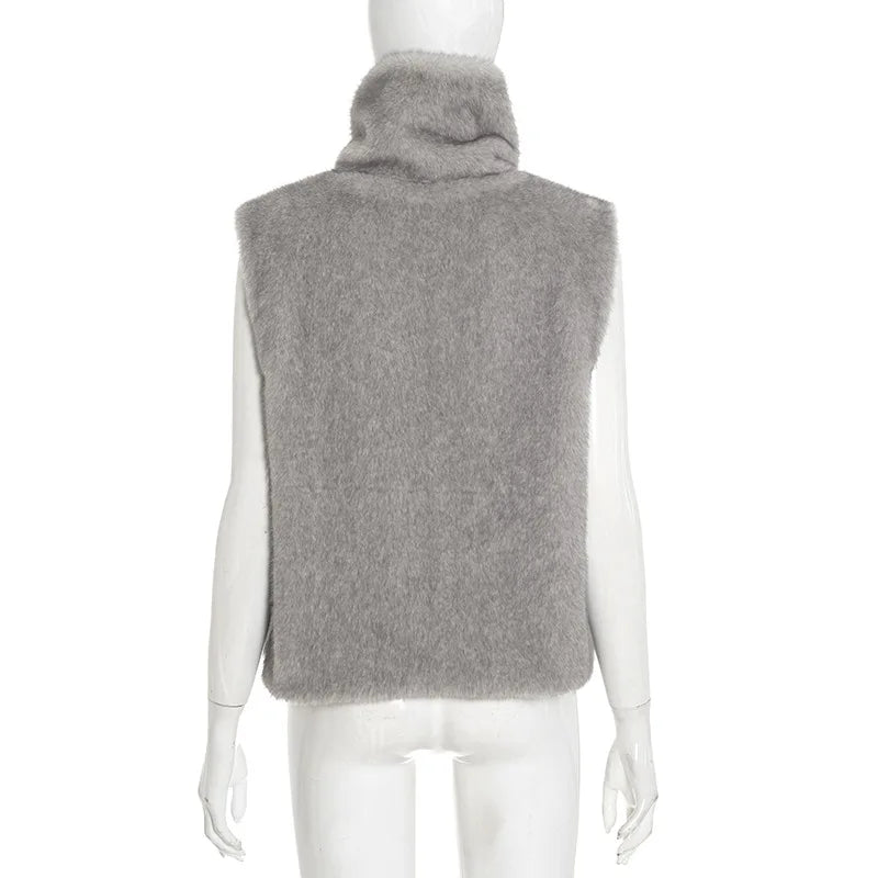 Grey Sexy Turtleneck Faux Fur Vests Womens Winter Coats 2026 Fashion Slim Sleeveless Casual Furry Jackets Female Outerwears