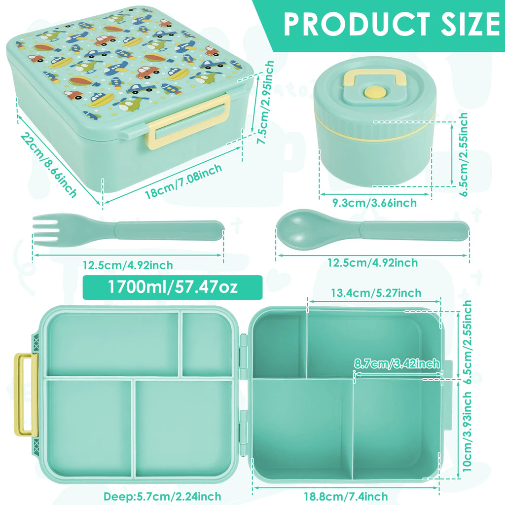 Children and adults outdoor 1700ml large capacity food meal box with four compartments leak proof design and soup can spoon fork