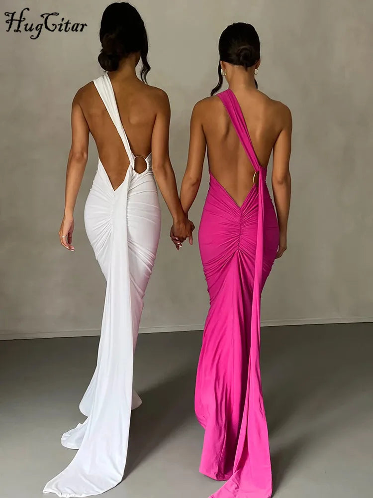 Hugcitar One Shoulder Backless Adjustable Scarf Loop Ruched Sexy