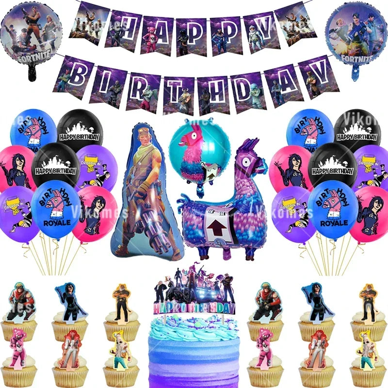 Fortnite Balloons Shooting Game Ballons Boy Girl Happy Birthday Banner Party Decoration Alpaca Llama Tableware Cake Topper Toy