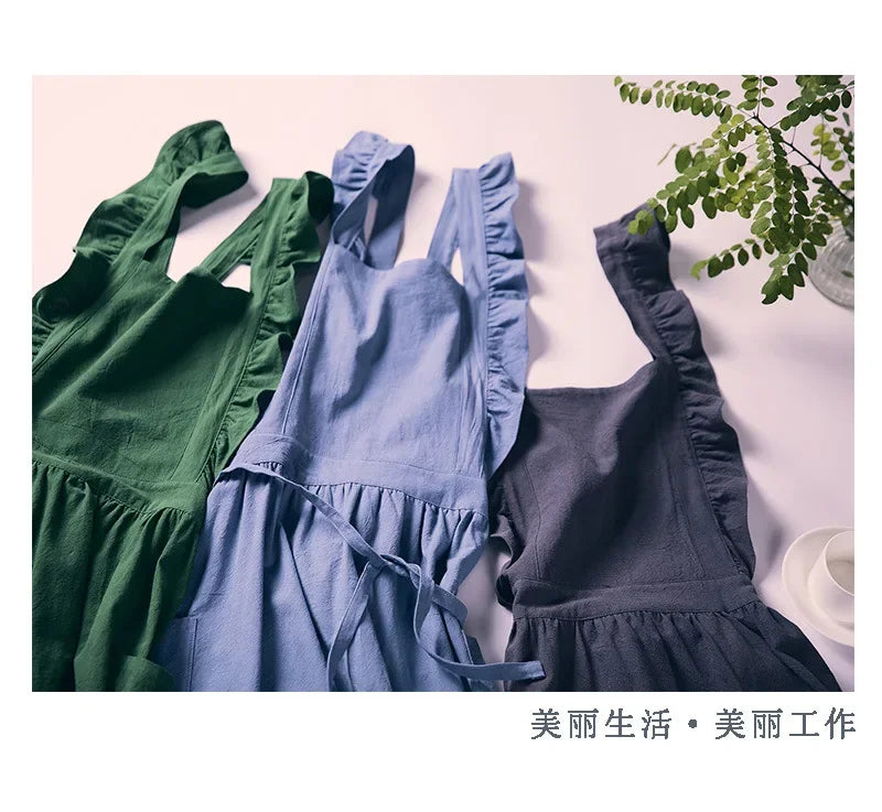 Japanese Korean Flouncing Kitchen Coffee Shop Working Falbala Apron kawaii Home Cotton Linen Pinafore with Lotus Leaf Lace