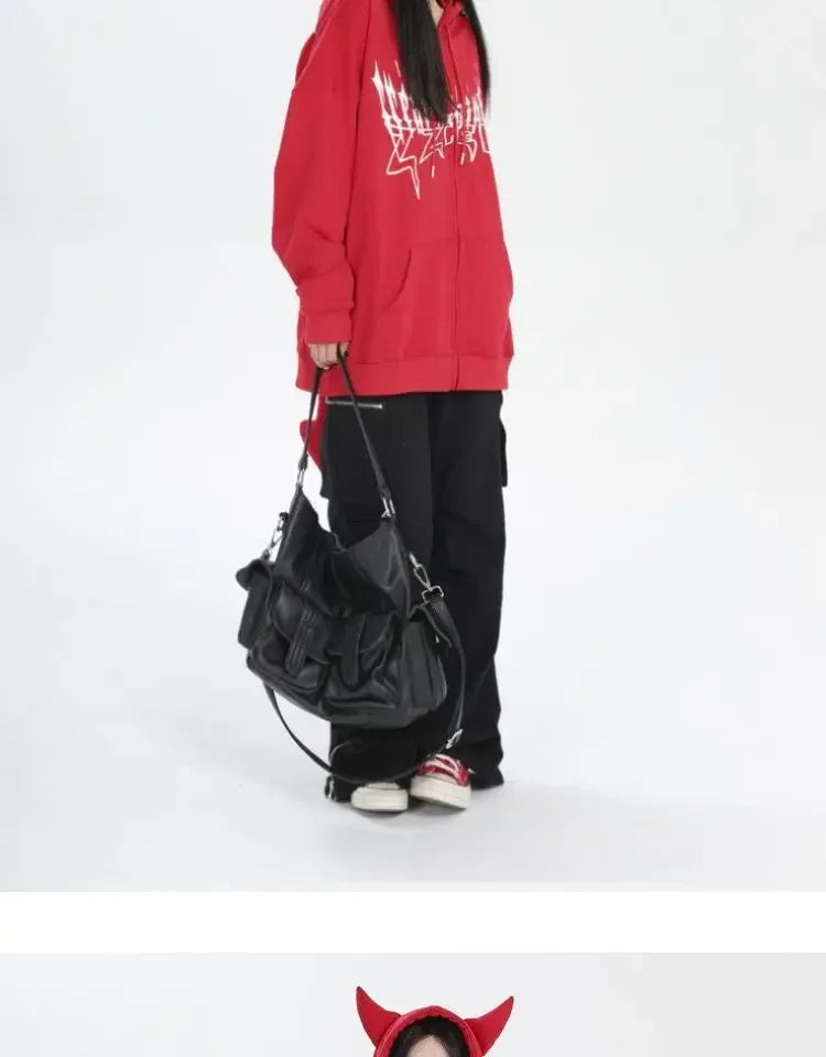 Japanese Zip Up Devil Horns Hoodies Women Harajuku Punk Gothic Sweatshirt Fairy Grunge Jacket Coat Streetwear Alt Emo Clothes