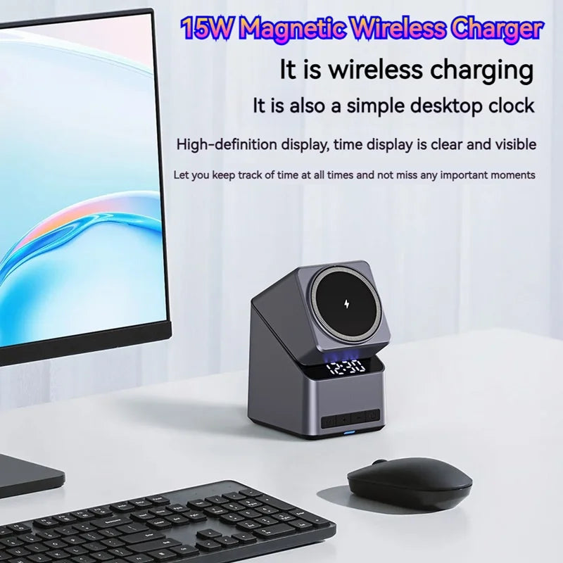 15W Electric Rotating Magnetic Wireless Charger Time Display Charging Station for iPhone 16 15 14 13 12 11 Watch AirPods Pro