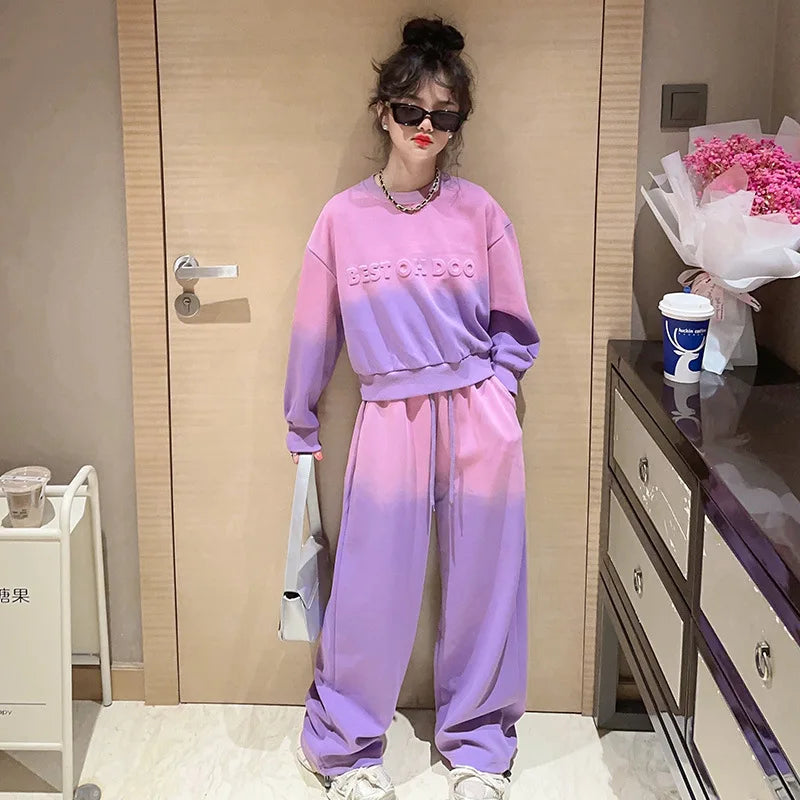 Girls Contrast Tie Dye Alphabet Sweatshirt+Drawstring Sweatpant Sets School Kids 2PCS Tracksuit Children Jogging Outfits 5-16 Yr