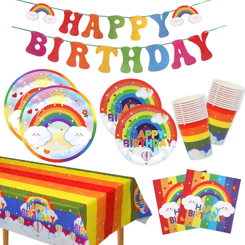 Rainbow Party Tableware Set Paper Plates Cups Napkins Tablecloth Banner Kids Boy Girl Happy Birthday Party Decoration Supplies