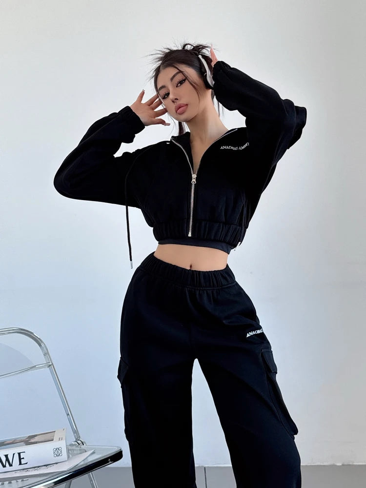 WOMENGAGA Short Zipper Sweatshirt Large Pocket Wide Leg Pants Two Piece Casual Plush Set For Winter Women Fashion Sweet 2PTB