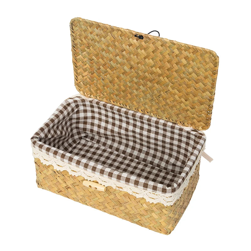 Wicker Basket with Lids Nautral Seagrass Storage Box Basket Woven Rectangular Bins Container Rattan Storage Kitchen Organizer