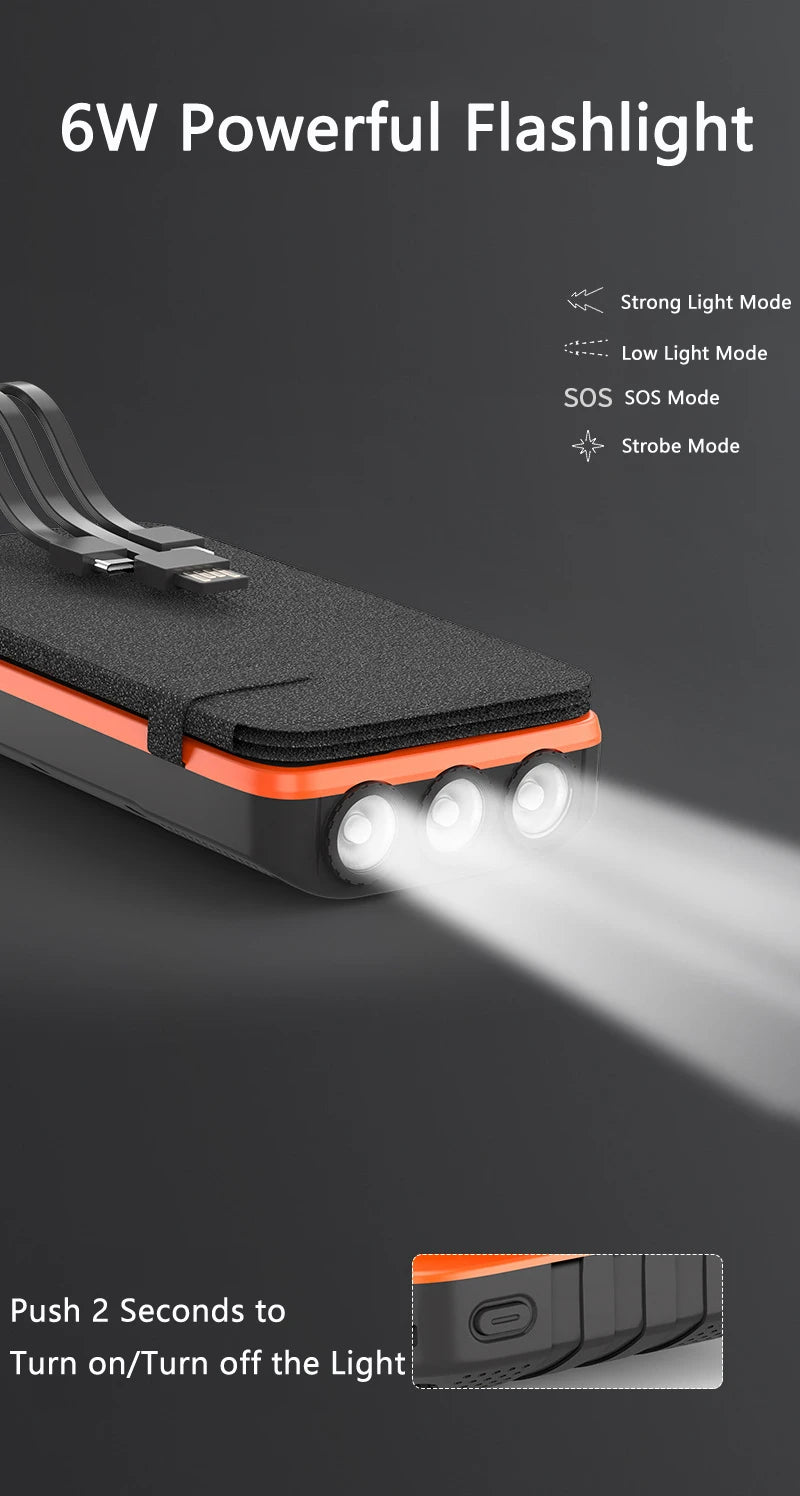 43800mAh Solar Power Bank Quick Wireless Charger External Battery Pack PD 20W Powerbank Built Cables LED Light for iPhone Xiaomi