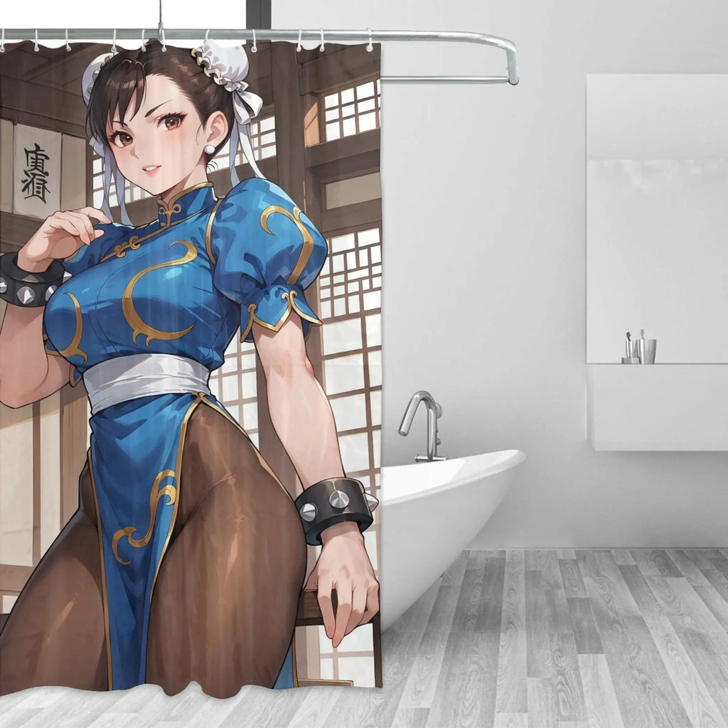 Chun Li Anime Inspired Fashion Shower Curtain with Hooks, Removable & Durable Polyester Bathroom Decor, Machine Washable, Elegan