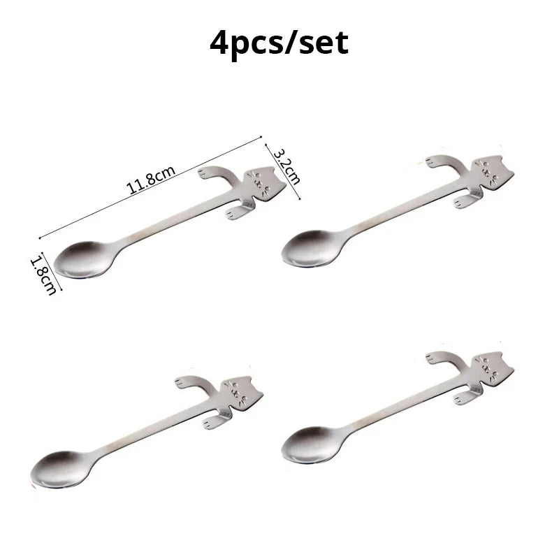 4pcs/set Stainless Steel Mini Cat Kitten Design Stainless Steel Coffee/Tea/Dessert/Drink/Mixing/Milkshake Spoon Flatware Gadgets