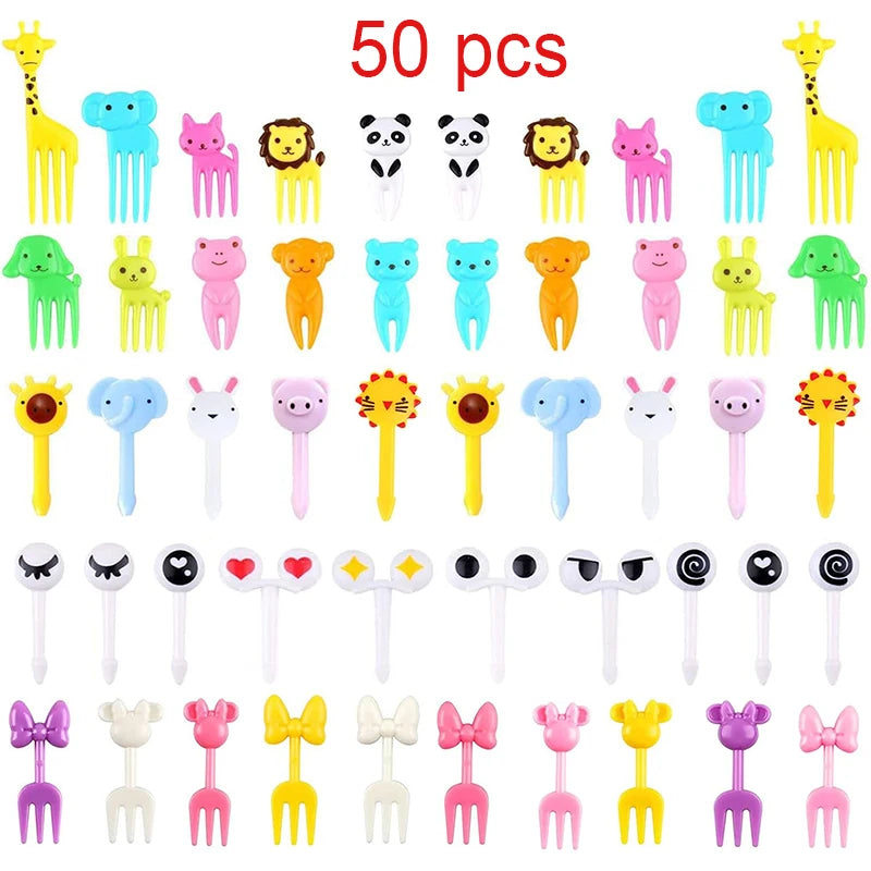 Mini Fruit Forks For Children Kids Cute Animal Food Picks Snack Toothpicks With Vegetable Cutter Set Silicone Lunch Box Dividers