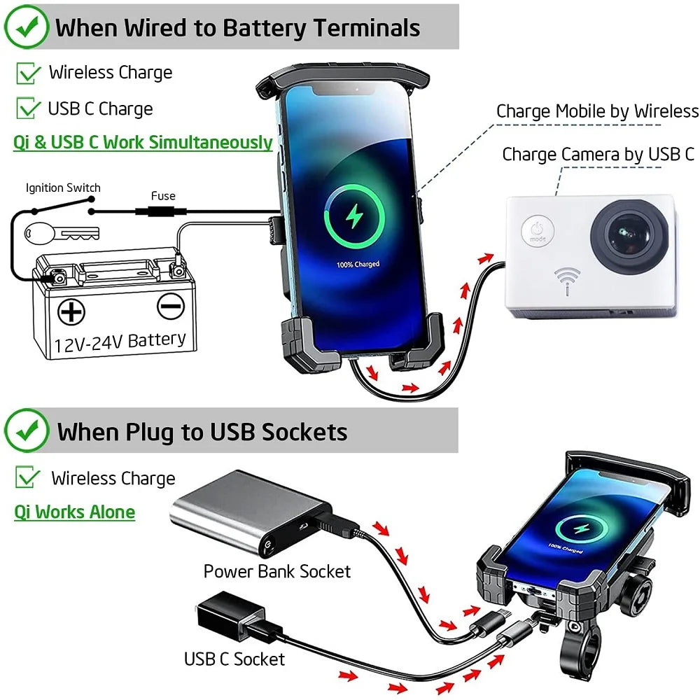 2022 Upgraded 12V Motorcycle Phone Holder 20W Type C PD Quick Charger 15W Wireless Charger Cradle Holder for 4.0-7.0" Cellphone