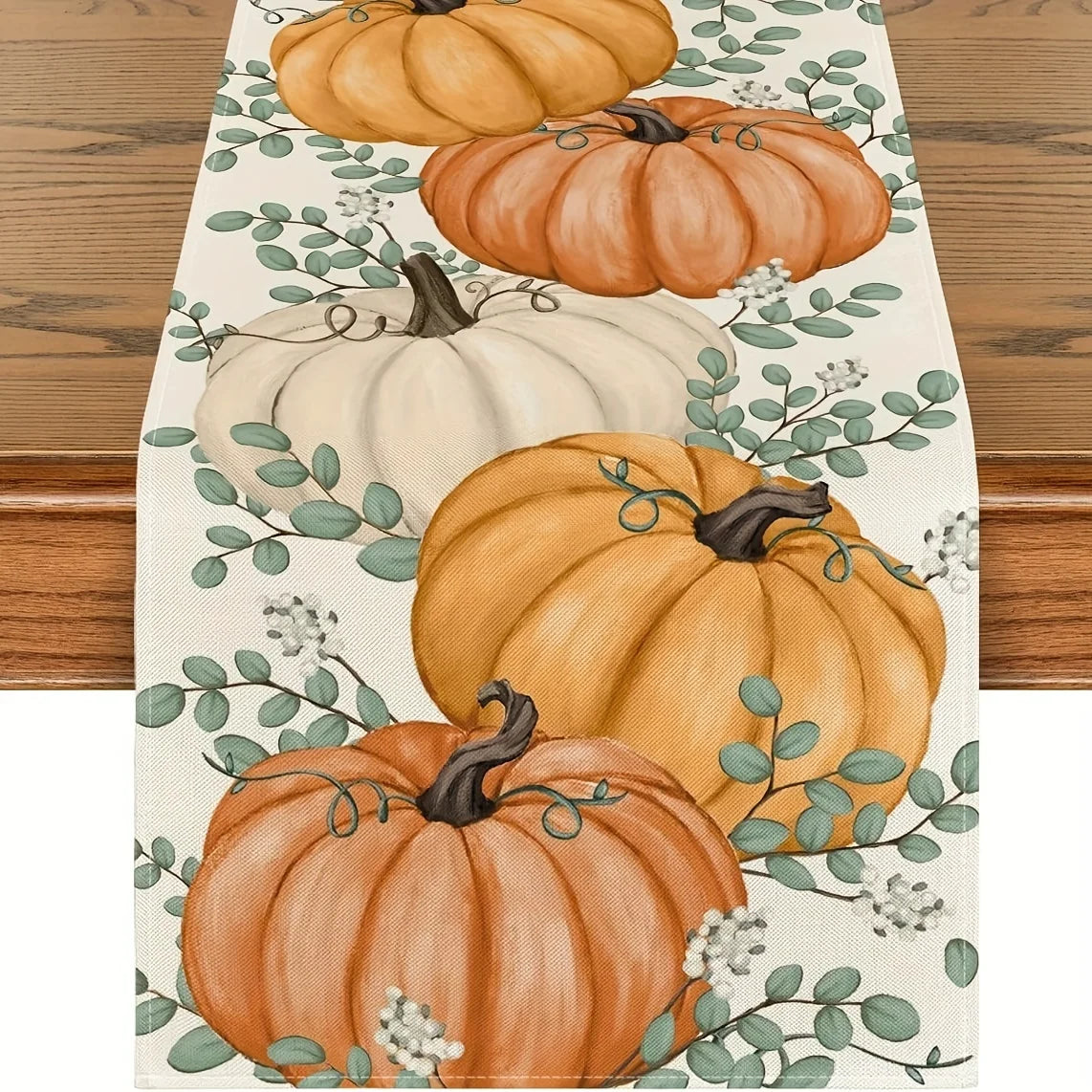 Orange Pumpkins Eucalyptus Leaves Fall Table Runner, Autumn Thanksgiving Christmas Halloween Kitchen Dining Table Decoration