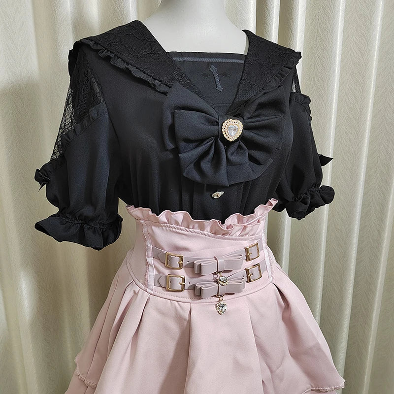 Kawaii Women Shirts Jirai Kei Lolita Y2K Cute Japanese Style Blouse Elegant Short Sleeve Sweet Tops Casual Aesthetic Shirt 2025